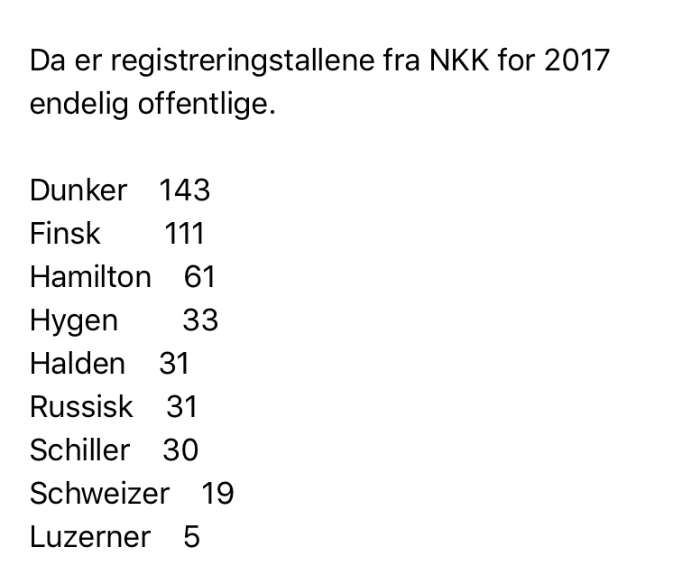 Registreringstall fra NKK 2017